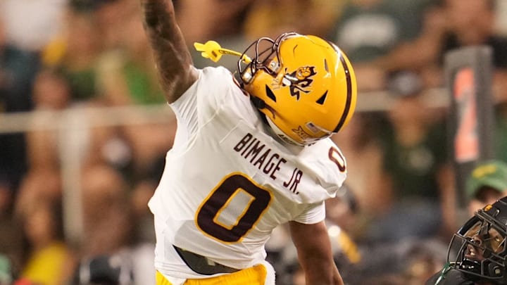 Sep 20, 2025; Waco, Texas, USA; Arizona State Sun Devils defensive back Rodney Bimage Jr. (0) deflects a pass that was intended for Baylor Bears wide receiver Louis Brown IV (4) during the second half at McLane Stadium. Mandatory Credit: Chris Jones-Imagn Images Sep 20, 2025; Waco, Texas, USA; Arizona State Sun Devils defensive back Rodney Bimage Jr. (0) deflects a pass that was intended for Baylor Bears wide receiver Louis Brown IV (4) during the second half at McLane Stadium. Mandatory Credit: Chris Jones-Imagn Images