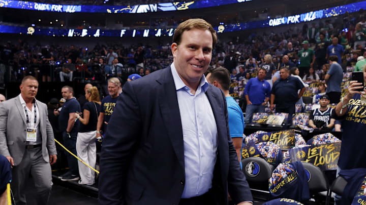 Jun 14, 2024; Dallas, Texas, USA; Dallas Mavericks owner Patrick Dumont walks onto the court before game four of the 2024 NBA Finals against the Boston Celtics at American Airlines Center. Mandatory Credit: Peter Casey-Imagn Images