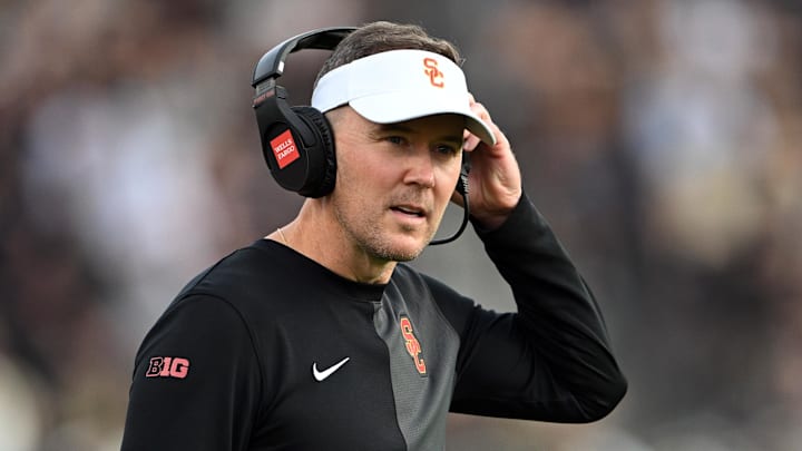 Sep 13, 2025; West Lafayette, Indiana, USA; Southern California Trojans head coach Lincoln Riley stands on the sidelines during the first quarter against the Purdue Boilermakers at Ross-Ade Stadium. Mandatory Credit: Marc Lebryk-Imagn Images