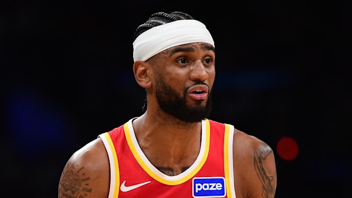 Atlanta Hawks guard Nickeil Alexander-Walker (7) reacts during the second half against the Boston Celtics at TD Garden on March 27, 2026.