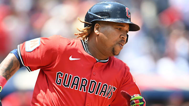 Jun 11, 2025; Cleveland, Ohio, USA; Cleveland Guardians third baseman Jose Ramirez (11) runs the bases on an RBI double during the first inning against the Cincinnati Reds at Progressive Field. Mandatory Credit: Ken Blaze-Imagn Images