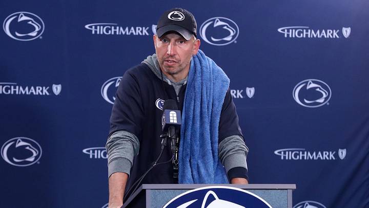 Apr 25, 2026; University Park, PA, USA; Penn State Nittany Lions head coach Matt Campbell answers questions from the media following the Penn State Blue-White Spring game at Beaver Stadium. Mandatory Credit: Matthew O'Haren-Imagn Images