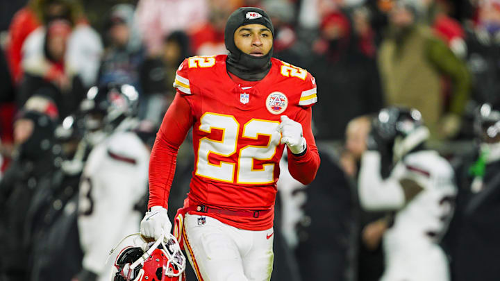 Jan 18, 2025; Kansas City, Missouri, USA; Kansas City Chiefs cornerback Trent McDuffie (22) reacts during the second half against Houston Texans in a 2025 AFC divisional round game at GEHA Field at Arrowhead Stadium. Mandatory Credit: Jay Biggerstaff-Imagn Images