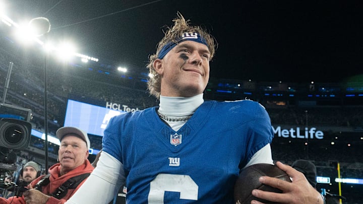 New York Giants quarterback Jaxson Dart (6) walks off the field after winning a Thursday Night Football game between the New York Giants and the Philadelphia Eagles at MetLife Stadium in East Rutherford on Oct. 9, 2025. New York Giants quarterback Jaxson Dart (6) walks off the field after winning a Thursday Night Football game between the New York Giants and the Philadelphia Eagles at MetLife Stadium in East Rutherford on Oct. 9, 2025.