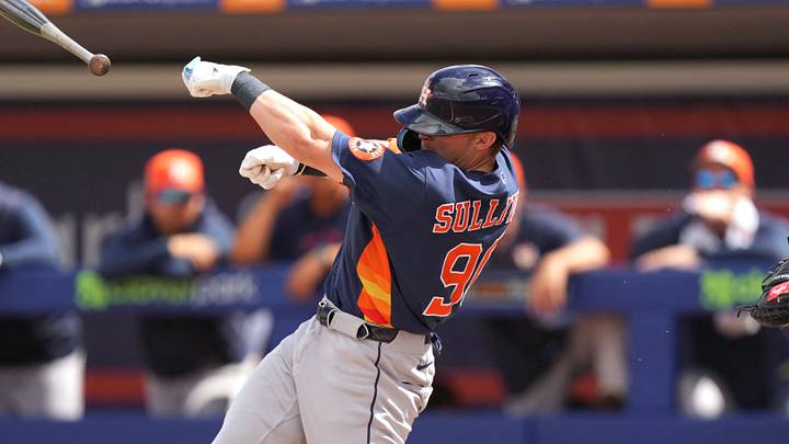 Mar 1, 2026; Port St. Lucie, Florida, USA;  Houston Astros center fielder Joseph Sullivan (90) loses his bat into his own dugout in the second inning against the New York Mets at Clover Park. Mandatory Credit: Jim Rassol-Imagn Images