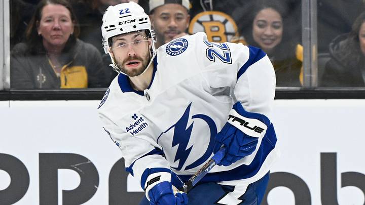 Mar 15, 2025; Boston, Massachusetts, USA; Tampa Bay Lightning right wing Oliver Bjorkstrand (22) skates with the puck during the second period against the Boston Bruins at TD Garden. Mar 15, 2025; Boston, Massachusetts, USA; Tampa Bay Lightning right wing Oliver Bjorkstrand (22) skates with the puck during the second period against the Boston Bruins at TD Garden.