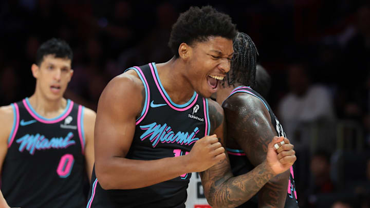 Miami Heat forward Myron Gardner (15) reacts  (Mandatory Credit: Sam Navarro-Imagn Images)