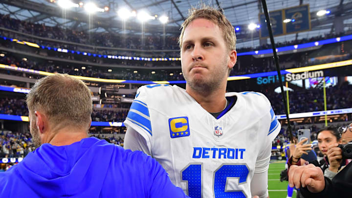 Detroit Lions quarterback Jared Goff (16) and Los Angeles Rams head coach Sean McVay 