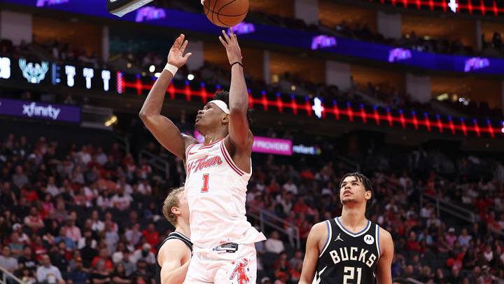 Apr 1, 2026; Houston, Texas, USA; Houston Rockets guard/forward Amen Thompson (1) dunks the ball during the second quarter against the Milwaukee Bucks at Toyota Center. Mandatory Credit: Troy Taormina-Imagn Images