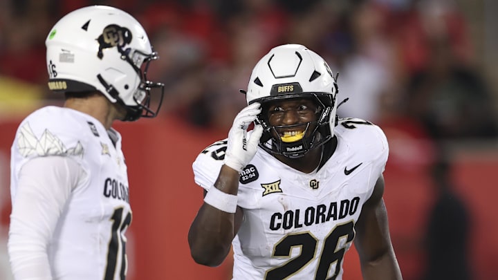 Sep 12, 2025; Houston, Texas, USA; Colorado Buffaloes running back Simeon Price (26) reacts before a play during the first half against the Houston Cougars at TDECU Stadium. Mandatory Credit: Troy Taormina-Imagn Images