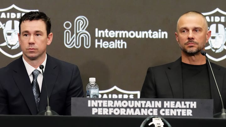Feb 10, 2026; Henderson, NV, USA;  Las Vegas Raiders coach Klint Kubiak (left) and general manager John Spytek at introductory press conference at Intermountain Health Performance Center. Mandatory Credit: Kirby Lee-Imagn Images