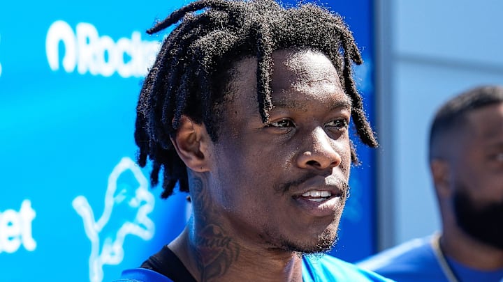 Detroit Lions wide receiver Jameson Williams talks with reporters after practice during training camp Detroit Lions wide receiver Jameson Williams talks with reporters after practice during training camp