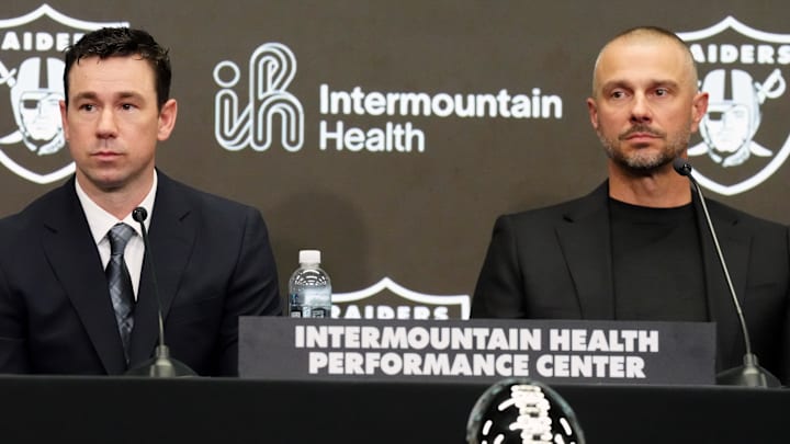 Feb 10, 2026; Henderson, NV, USA; Las Vegas Raiders coach Klint Kubiak (left) and general manager John Spytek at introductory press conference at Intermountain Health Performance Center. Mandatory Credit: Kirby Lee-Imagn Images Feb 10, 2026; Henderson, NV, USA; Las Vegas Raiders coach Klint Kubiak (left) and general manager John Spytek at introductory press conference at Intermountain Health Performance Center. Mandatory Credit: Kirby Lee-Imagn Images