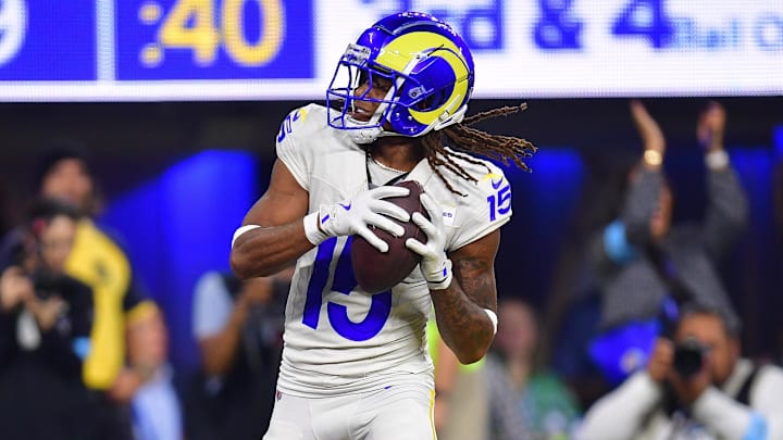 Oct 24, 2024; Inglewood, California, USA; Los Angeles Rams wide receiver Demarcus Robinson (15) scores a touchdown against the Minnesota Vikings during the second half at SoFi Stadium. Mandatory Credit: Gary A. Vasquez-Imagn Images