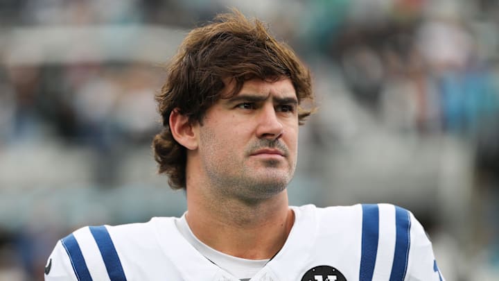 Indianapolis Colts quarterback Daniel Jones stands on the field