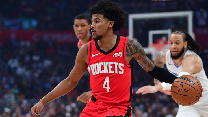 Apr 14, 2024; Los Angeles, California, USA; Houston Rockets guard Jalen Green (4) moves the ball against the Los Angeles Clippers during the first half at Crypto.com Arena. Mandatory Credit: Gary A. Vasquez-Imagn Images Apr 14, 2024; Los Angeles, California, USA; Houston Rockets guard Jalen Green (4) moves the ball against the Los Angeles Clippers during the first half at Crypto.com Arena. Mandatory Credit: Gary A. Vasquez-Imagn Images