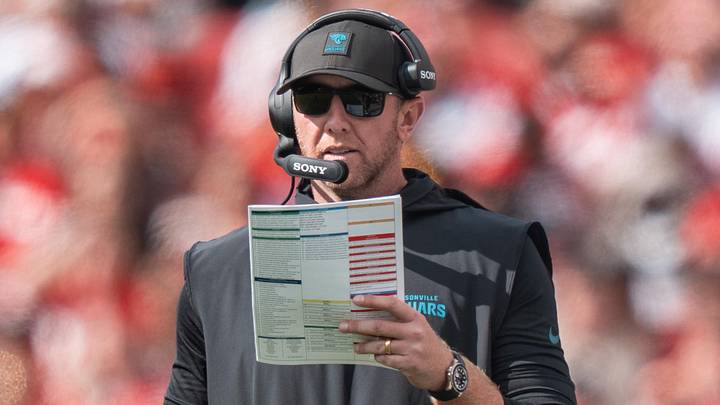 September 28, 2025; Santa Clara, California, USA; Jacksonville Jaguars head coach Liam Coen during the third quarter against the San Francisco 49ers at Levi's Stadium. Mandatory Credit: Kyle Terada-Imagn Images