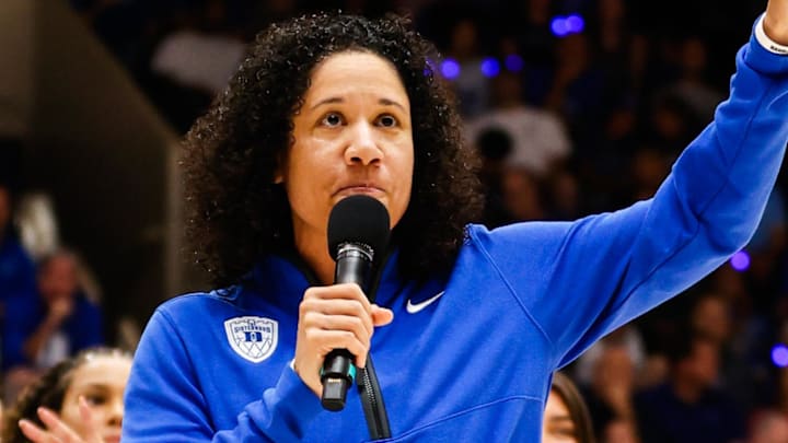 Oct 3, 2025; Durham, NC, USA; Duke Blue Devils head coach Kara Lawson addresses the crowd at the Countdown to Craziness at the Cameron Indoor Stadium. Mandatory Credit: Jaylynn Nash-Imagn Images Oct 3, 2025; Durham, NC, USA; Duke Blue Devils head coach Kara Lawson addresses the crowd at the Countdown to Craziness at the Cameron Indoor Stadium. Mandatory Credit: Jaylynn Nash-Imagn Images