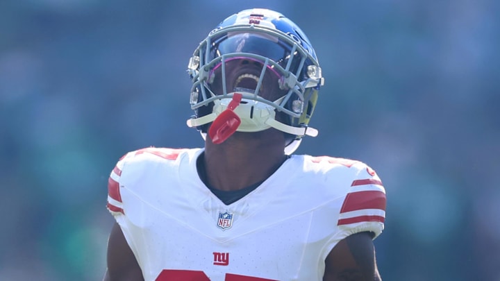 Oct 26, 2025; Philadelphia, Pennsylvania, USA; New York Giants safety Tyler Nubin (27) reacts before the game against the Philadelphia Eagles at Lincoln Financial Field. Mandatory Credit: Bill Streicher-Imagn Images