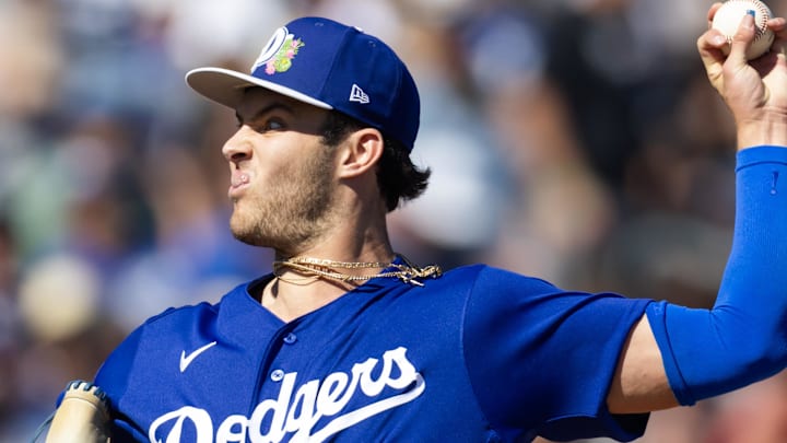 Feb 22, 2026; Peoria, Arizona, USA; Los Angeles Dodgers pitcher Jackson Ferris against the San Diego Padres during a spring training game at Peoria Sports Complex. Mandatory Credit: Mark J. Rebilas-Imagn Images