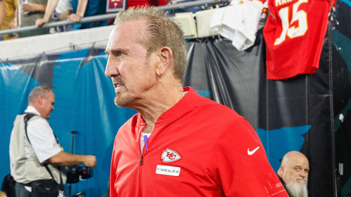 Oct 6, 2025; Jacksonville, Florida, USA; Kansas City Chiefs defensive coordinator Steve Spagnuolo before the game against the Jacksonville Jaguars at EverBank Stadium. Mandatory Credit: Morgan Tencza-Imagn Images