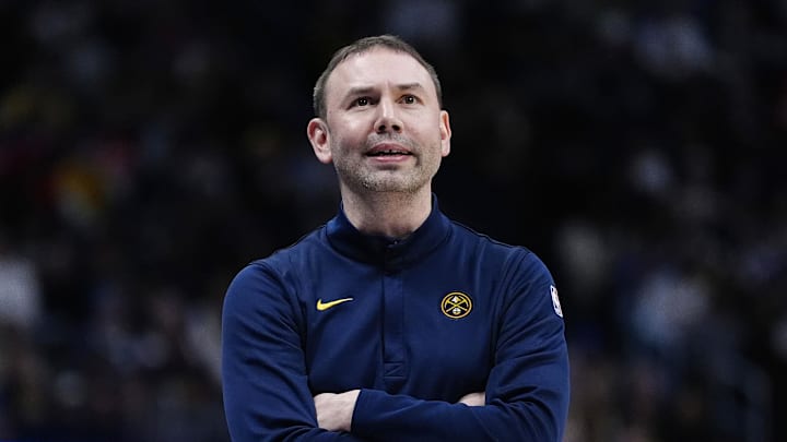 Dec 15, 2025; Denver, Colorado, USA; Denver Nuggets head coach David Adelman during the game against the Houston Rockets at Ball Arena. Mandatory Credit: Ron Chenoy-Imagn Images
