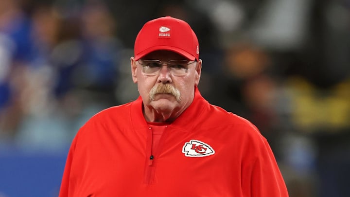 Sep 21, 2025; East Rutherford, New Jersey, USA; Kansas City Chiefs head coach Andy Reid looks on before the game against the New York Giants at MetLife Stadium. Mandatory Credit: Vincent Carchietta-Imagn Images