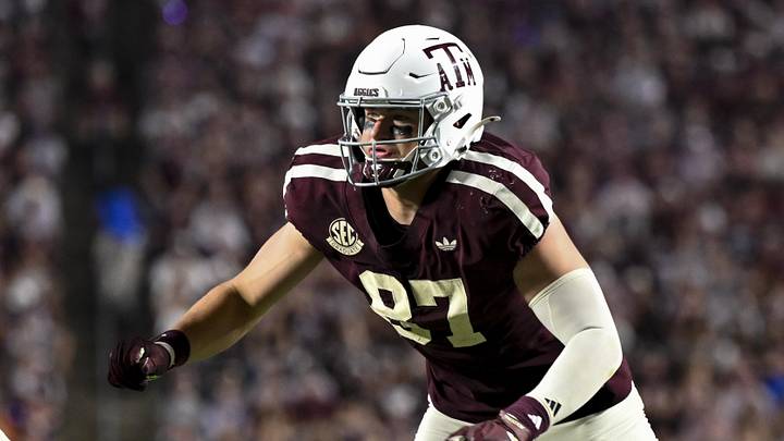 Oct 11, 2025; College Station, Texas, USA; Texas A&M Aggies tight end Nate Boerkircher (87) runs a route during the second half against the Florida Gators at Kyle Field. Mandatory Credit: Maria Lysaker-Imagn Images 