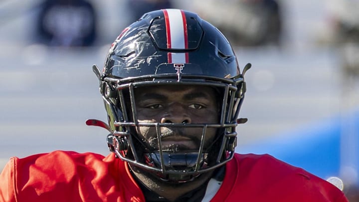 Jan 28, 2026; Mobile, AL, USA; National Team defensive tackle Lee Hunter (10) of Texas Tech practices during National Senior Bowl practice at Hancock Whitney Stadium. Mandatory Credit: Vasha Hunt-Imagn Images