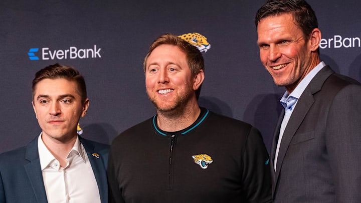 Jacksonville Jaguars new General Manager James Gladstone, left, poses for pictures with Head Coach Liam Coen, center and Executive Vice President of Football Operations Tony Boselli, right, during a press conference Monday morning February 24, 2025 at the Miller Electric Center in Jacksonville, Fla. 