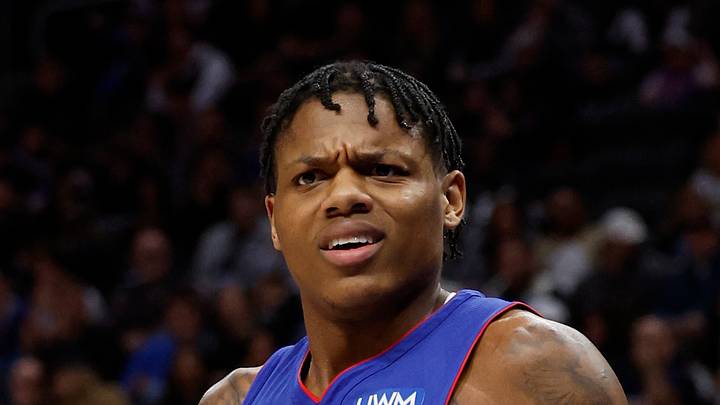 Detroit Pistons guard Marcus Sasser (25) reacts in the first half against the Dallas Mavericks at Little Caesars Arena on Mar 9, 2024.