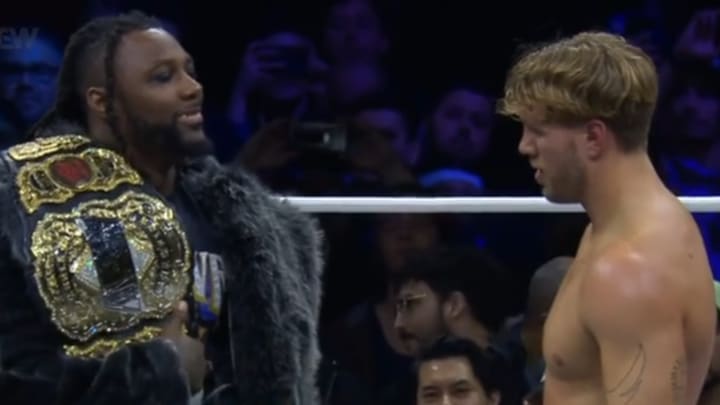 AEW World Champion Swerve Strickland and Will Ospreay stare down before their Forbidden Door 2024 title match.