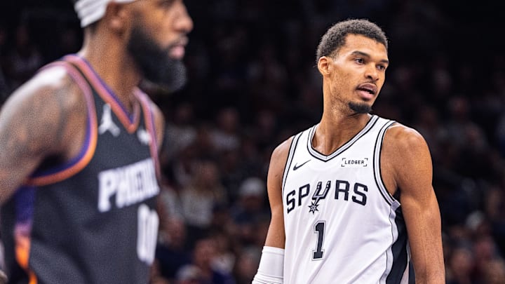 Nov 2, 2025; Phoenix, Arizona, USA; San Antonio Spurs forward Victor Wembanyama (1) reacts after a drawing a foul in the second half against the Phoenix Suns at Mortgage Matchup Center.