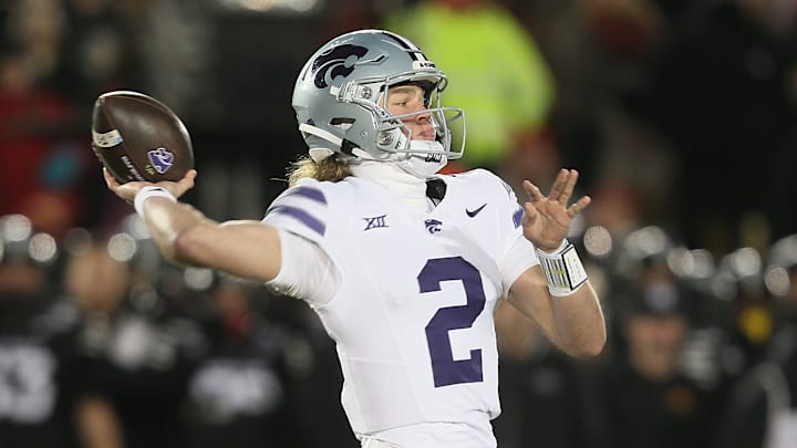 Kansas State Wildcats quarterback Avery Johnson (2) passes the ball against Iowa State during the first quarter in the NCAA football at Jack Trice Stadium on Saturday, Nov. 30, 2024, in Ames, Iowa.