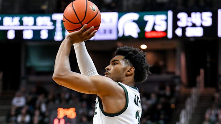 Michigan State's Jaden Akins makes a 3-pointer against Bowling Green during the second half on Saturday, Nov. 16, 2024, Breslin Center in East Lansing. Michigan State's Jaden Akins makes a 3-pointer against Bowling Green during the second half on Saturday, Nov. 16, 2024, Breslin Center in East Lansing.