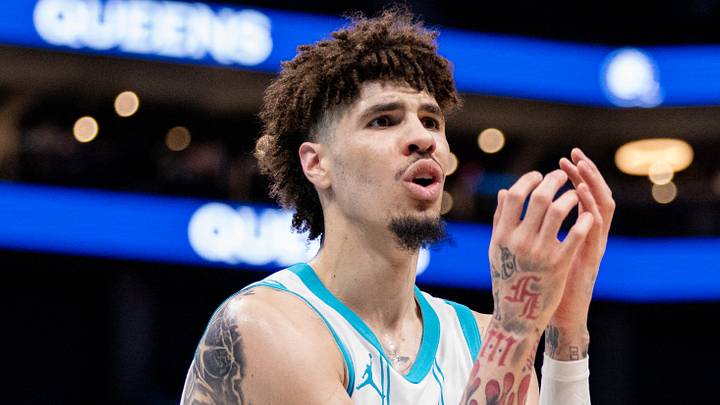 Mar 7, 2025; Charlotte, North Carolina, USA; Charlotte Hornets guard LaMelo Ball (1) reacts to a foul during the third quarter against the Cleveland Cavaliers at Spectrum Center. Mandatory Credit: Scott Kinser-Imagn Images