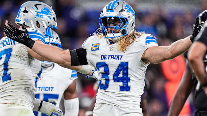 Detroit Lions linebacker Alex Anzalone celebrates a tackle against the Baltimore Ravens during the second half at M&T Bank Stadium in Baltimore, Maryland, on Monday, Sept. 22, 2025. Detroit Lions linebacker Alex Anzalone celebrates a tackle against the Baltimore Ravens during the second half at M&T Bank Stadium in Baltimore, Maryland, on Monday, Sept. 22, 2025.