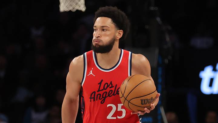 Mar 28, 2025; Brooklyn, New York, USA; Los Angeles Clippers guard Ben Simmons (25) brings the ball up court against the Brooklyn Nets during the second quarter at Barclays Center. Mandatory Credit: Brad Penner-Imagn Images