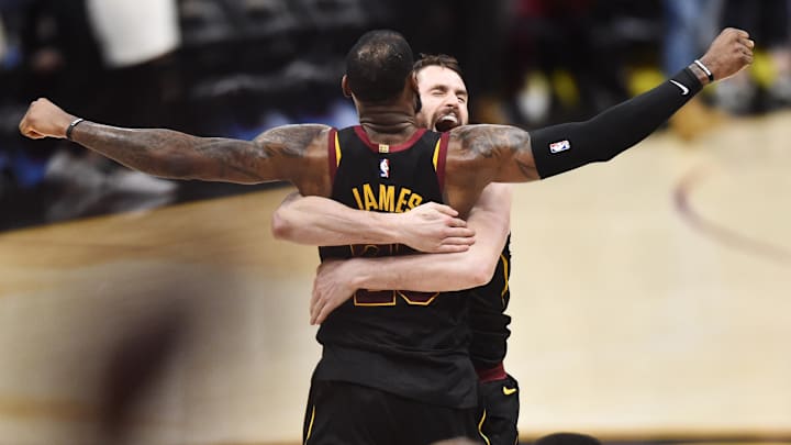 May 5, 2018; Cleveland, OH, USA; Cleveland Cavaliers forward LeBron James (23) and center Kevin Love (0) celebrate after James hit the final shot to win the game against the Toronto Raptors in game three of the second round of the 2018 NBA Playoffs at Quicken Loans Arena. Mandatory Credit: Ken Blaze-Imagn Images
