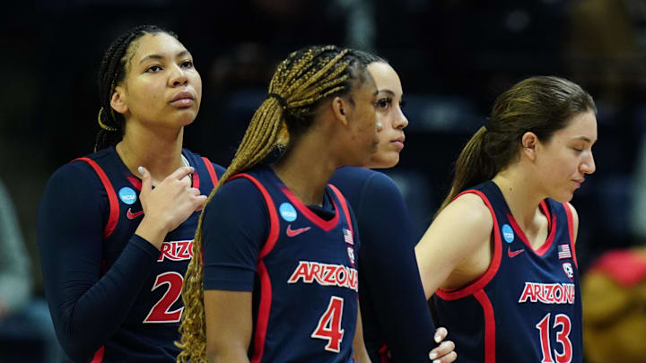 Mar 23, 2024; Storrs, Connecticut, USA; Arizona Wildcats head coach Adia Barnes with her team during a break in the action as they take on the Syracuse Orange at Harry A. Gampel Pavilion. Mandatory Credit: David Butler II-Imagn Images Mar 23, 2024; Storrs, Connecticut, USA; Arizona Wildcats head coach Adia Barnes with her team during a break in the action as they take on the Syracuse Orange at Harry A. Gampel Pavilion. Mandatory Credit: David Butler II-Imagn Images
