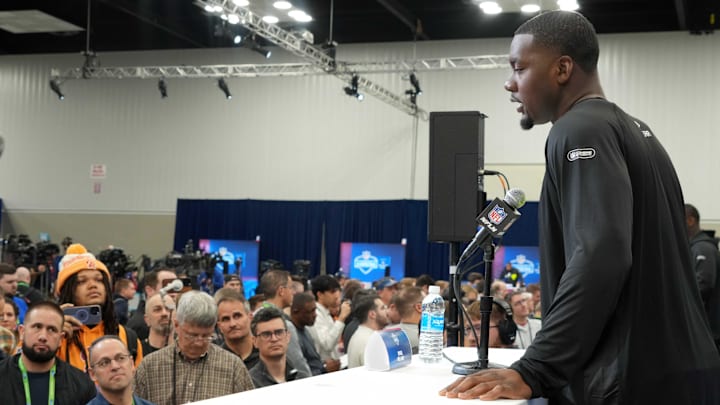 Georgia defensive end Mykel Williams addresses the assembled media at the NFL Scouting Combine.