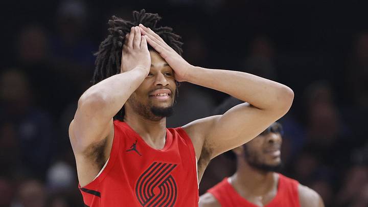 Jan 11, 2024; Oklahoma City, Oklahoma, USA; Portland Trail Blazers guard Shaedon Sharpe (17) reacts after a play against the Oklahoma City Thunder during the second quarter at Paycom Center. Mandatory Credit: Alonzo Adams-Imagn Images Jan 11, 2024; Oklahoma City, Oklahoma, USA; Portland Trail Blazers guard Shaedon Sharpe (17) reacts after a play against the Oklahoma City Thunder during the second quarter at Paycom Center. Mandatory Credit: Alonzo Adams-Imagn Images