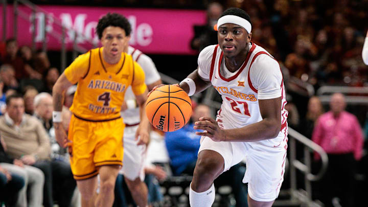 Mar 11, 2026; Kansas City, MO, USA; Iowa State Cyclones guard Killyan Toure (27) brings the ball up court during the first half against the Arizona State Sun Devils at T-Mobile Center. 