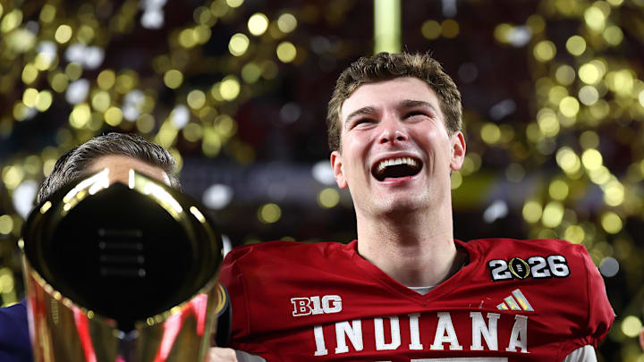Jan 19, 2026; Miami Gardens, FL, USA; Indiana Hoosiers quarterback Fernando Mendoza (15) reacts after the College Football Playoff National Championship game against the Miami Hurricanes at Hard Rock Stadium.