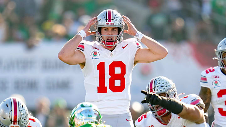 Ohio State Buckeyes quarterback Will Howard (18) motions at the line of scrimmage during the College Football Playoff quarterfinal against the Oregon Ducks at the Rose Bowl in Pasadena, Calif. on Jan. 1, 2025. Ohio State won 41-21.