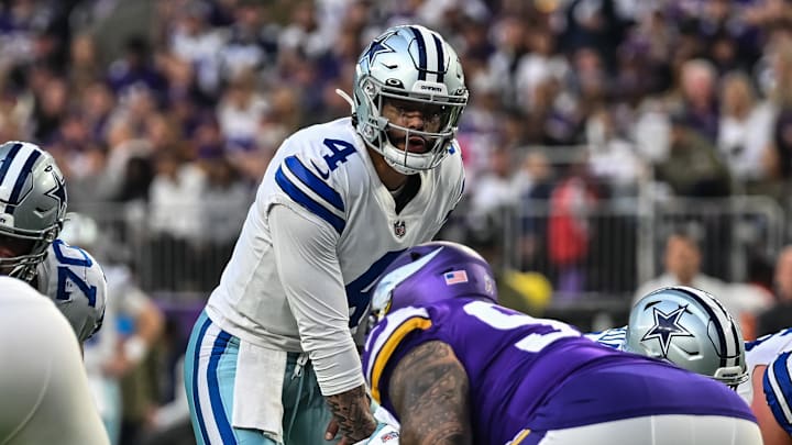 Dallas Cowboys quarterback Dak Prescott in action against the Minnesota Vikings during the game at U.S. Bank Stadium. 