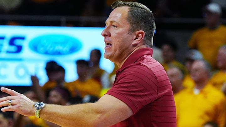 Iowa State Cyclones men's basketball head coach T.J. Otzelberger calls a play against Houston during the second half in the Big-12 men’s basketball at Hilton Coliseum on Feb. 16, 2026, in Ames, Iowa