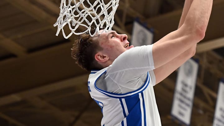 Feb 12, 2025; Durham, North Carolina, USA; Duke Blue Devils forward Cooper Flagg (2) dunks during the second half against the California Golden Bears at Cameron Indoor Stadium. Mandatory Credit: Rob Kinnan-Imagn Images