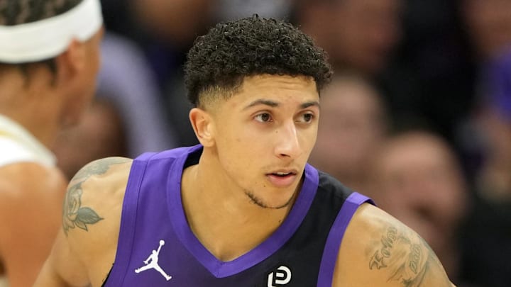 Apr 3, 2026; Sacramento, California, USA; Sacramento Kings guard Nique Clifford (5) during the second quarter against the New Orleans Pelicans at Golden 1 Center. Mandatory Credit: Darren Yamashita-Imagn Images