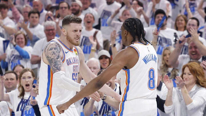 Apr 20, 2025; Oklahoma City, Oklahoma, USA; Oklahoma City Thunder center Isaiah Hartenstein (55) and forward Jalen Williams (8) celebrate against the Memphis Grizzlies during the second quarter at Paycom Center. Mandatory Credit: Alonzo Adams-Imagn Images Apr 20, 2025; Oklahoma City, Oklahoma, USA; Oklahoma City Thunder center Isaiah Hartenstein (55) and forward Jalen Williams (8) celebrate against the Memphis Grizzlies during the second quarter at Paycom Center. Mandatory Credit: Alonzo Adams-Imagn Images